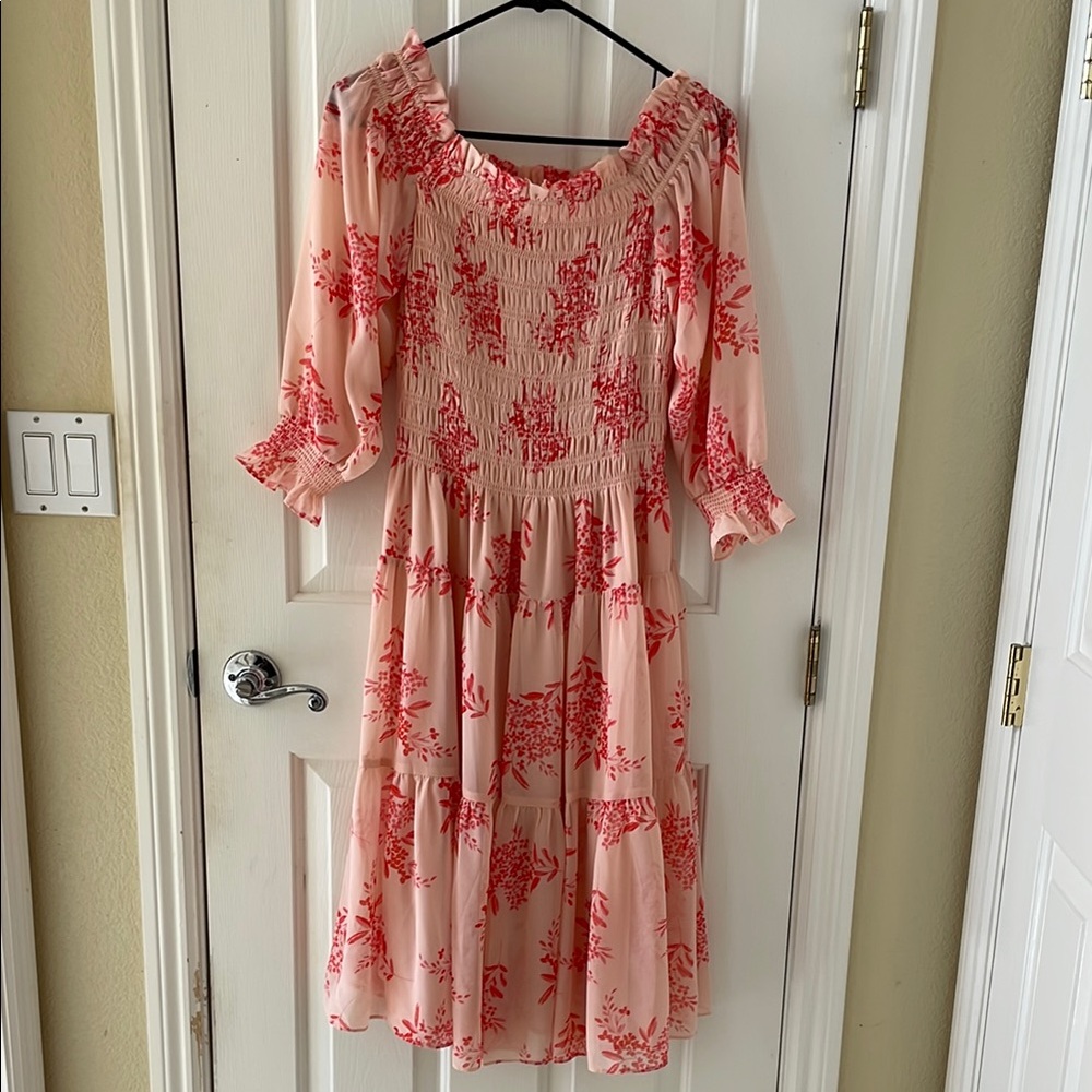 Eliza J Orange and White Smocked off shoulder Ruffled Midi Dress
